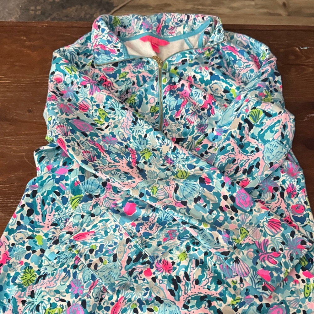 Lilly Pulitzer Teal Pink Floral Quarter-Zip Pullover